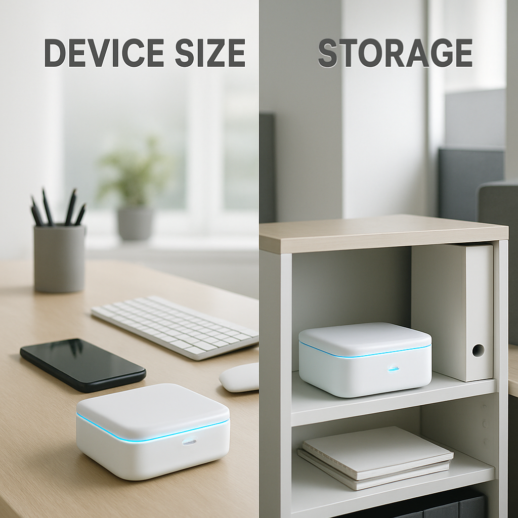 Device Size and Storage UV sanitizing office equipment scene
