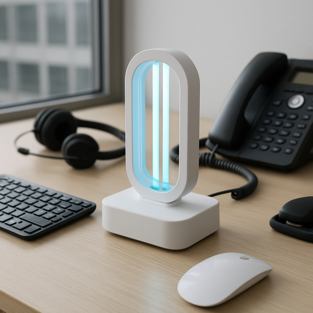 UV sanitizing device for office equipment on a clean desk