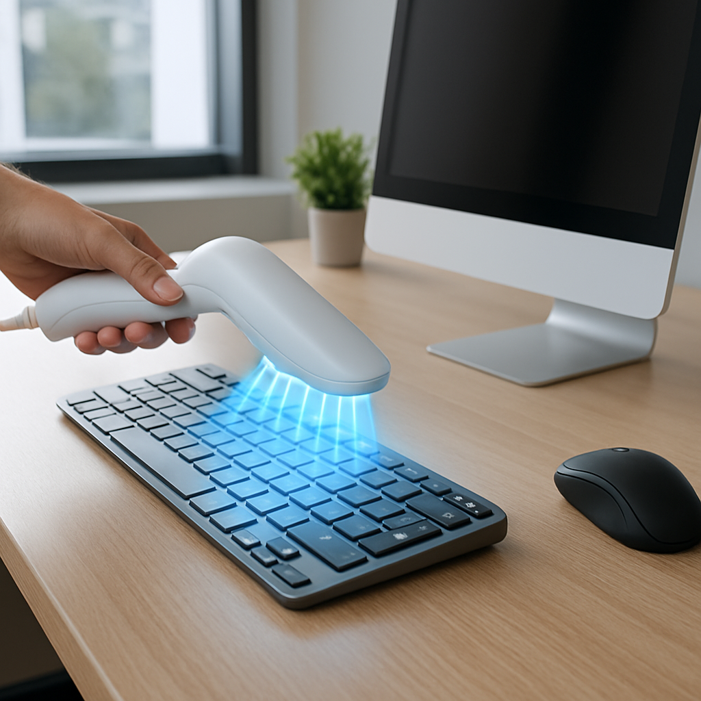 Keyboard and Mouse Sanitizing UV sanitizing office equipment scene
