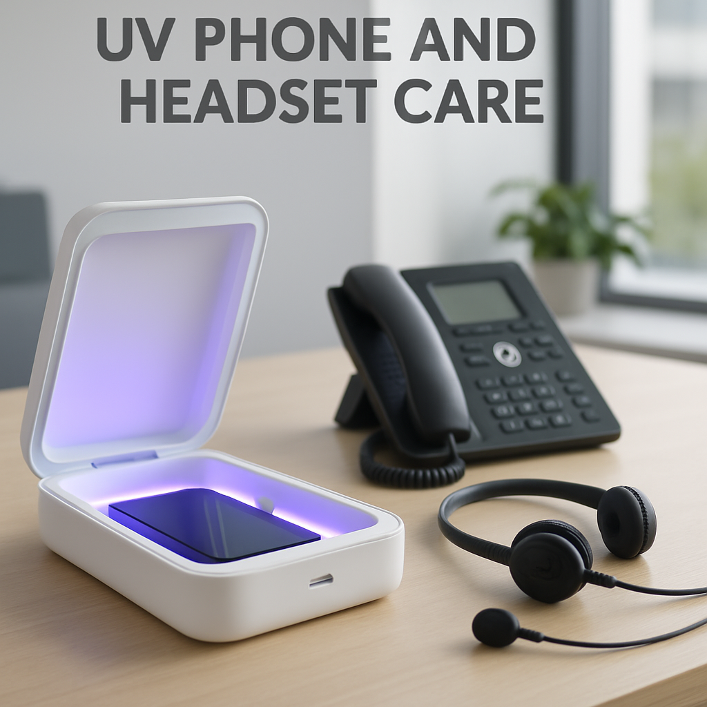 Phone and Headset Care UV sanitizing office equipment scene
