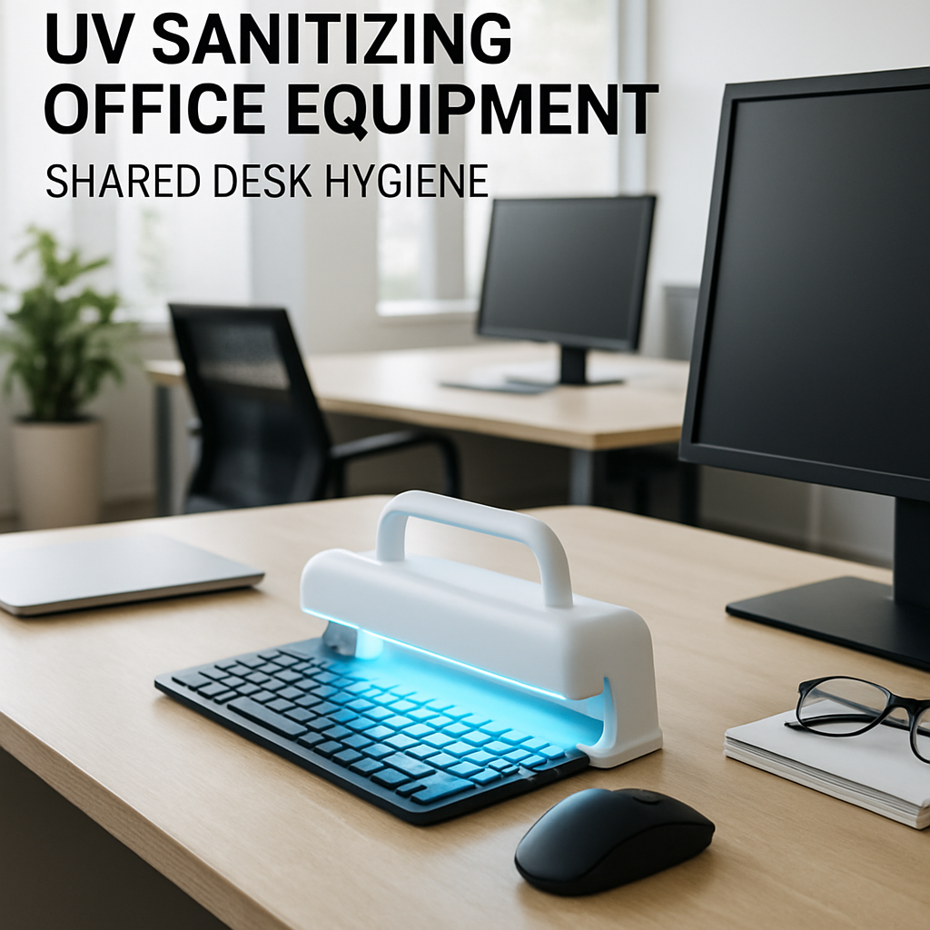 Shared Desk Hygiene UV sanitizing office equipment scene